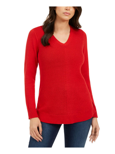 CHARTER CLUB Womens Red Ribbed Textured Long Sleeve V Neck T-Shirt Petites PS