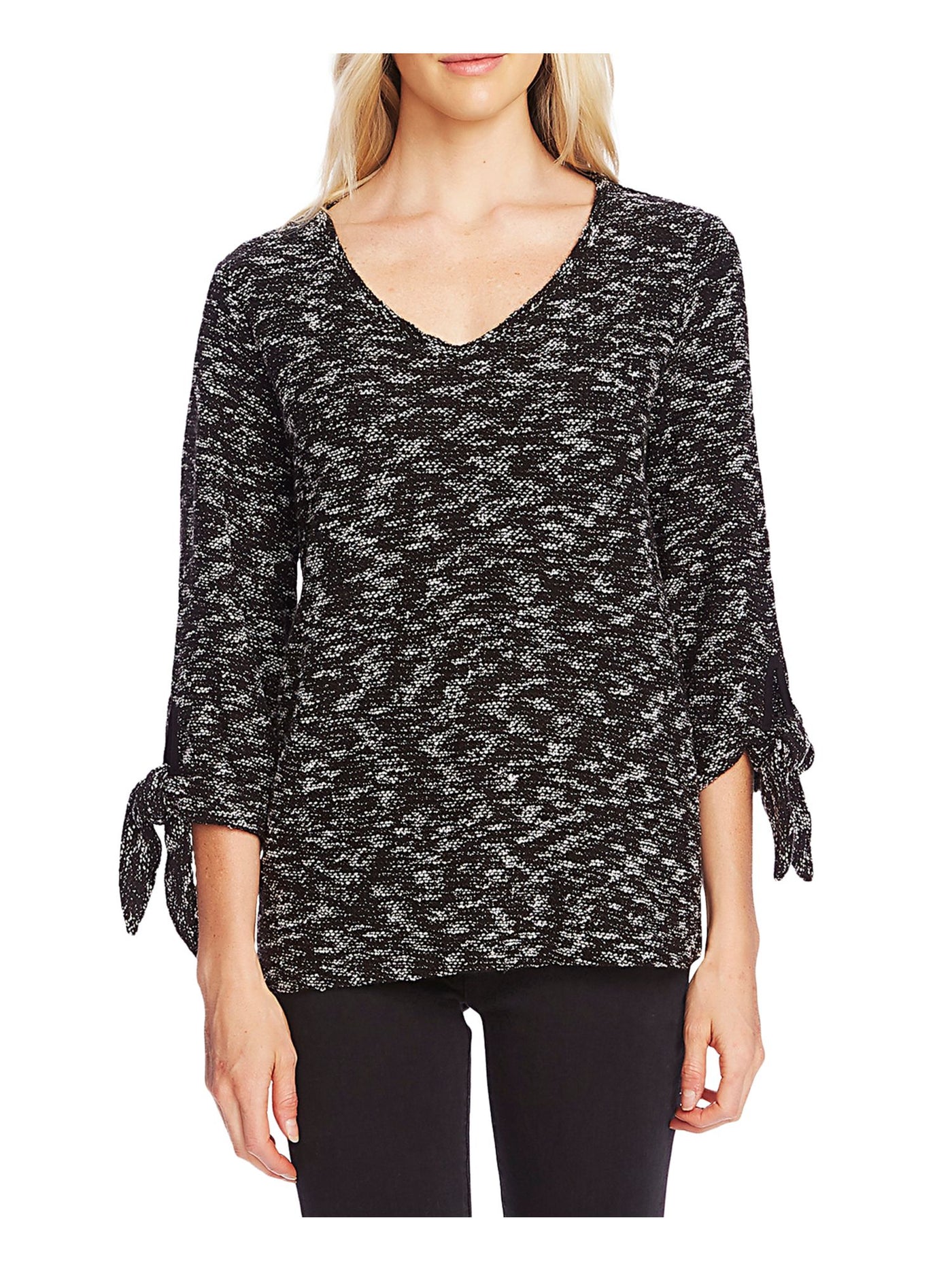 VINCE CAMUTO Womens Black Patterned Long Sleeve V Neck Blouse S