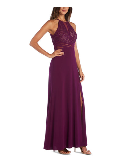MORGAN & CO Womens Glitter Sequined Slitted Mesh Sleeveless Halter Full-Length Formal Pleated Dress