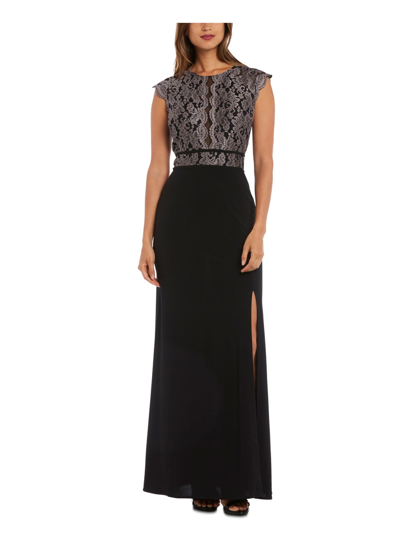 MORGAN & CO Womens Black Glitter Sheer Floral Cap Sleeve Jewel Neck Maxi Evening Sheath Dress Juniors 5