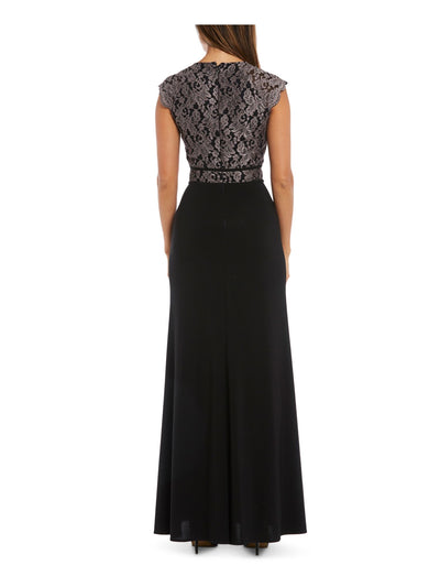 MORGAN & CO Womens Black Glitter Sheer Floral Cap Sleeve Jewel Neck Maxi Evening Sheath Dress Juniors 5
