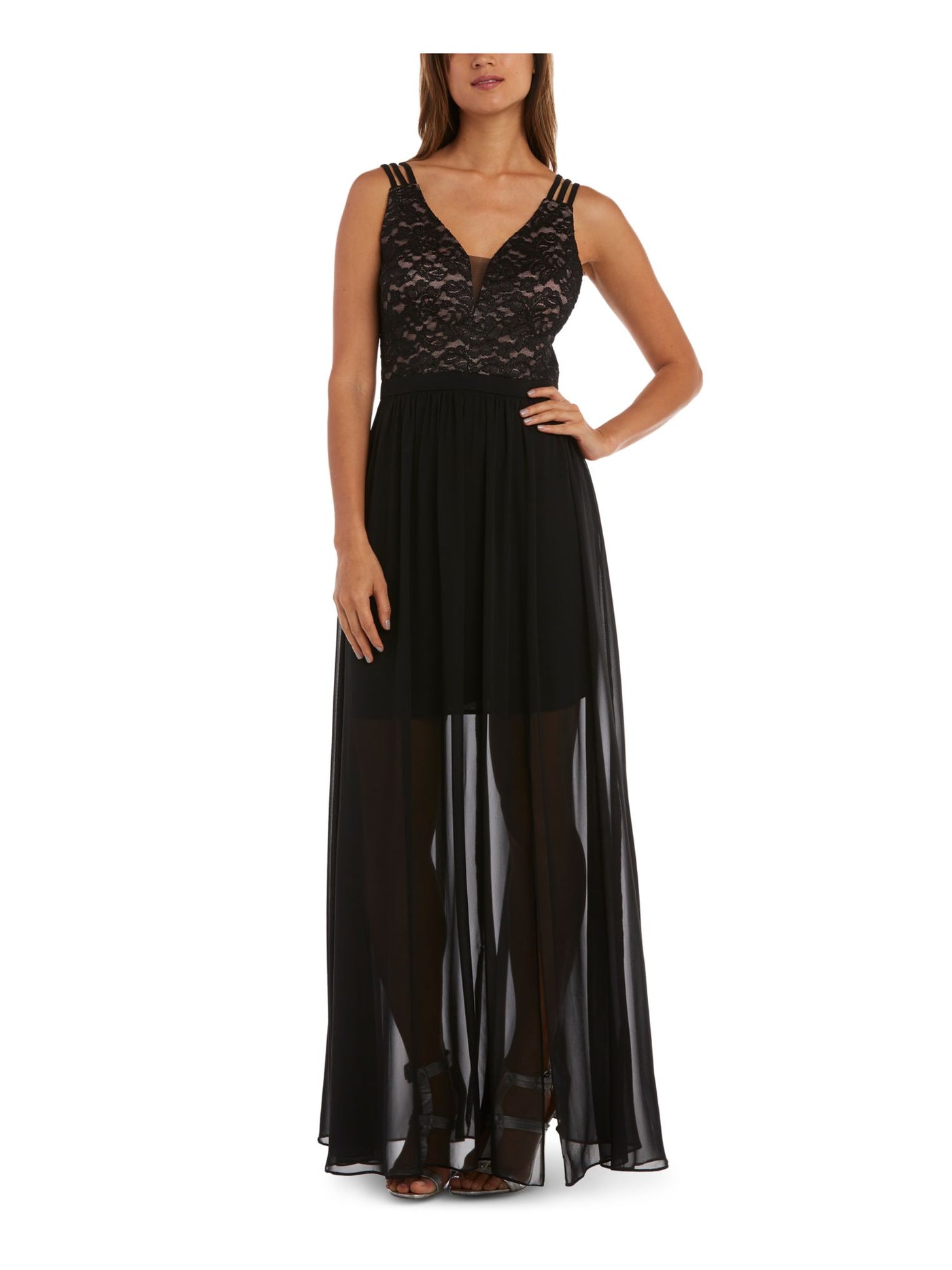 MORGAN & CO Womens Black Sheer Glitter Floral Spaghetti Strap V Neck Full-Length Formal Empire Waist Dress Juniors 5