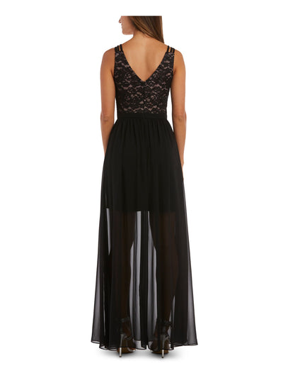 MORGAN & CO Womens Black Sheer Glitter Floral Spaghetti Strap V Neck Full-Length Formal Empire Waist Dress Juniors 5