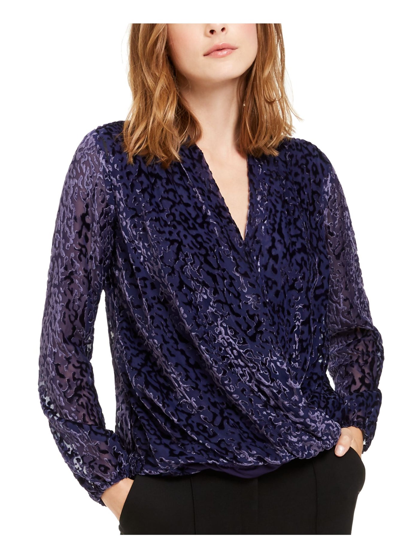 ALFANI Womens Purple Burnout Surplice Printed Long Sleeve Wear To Work Top L