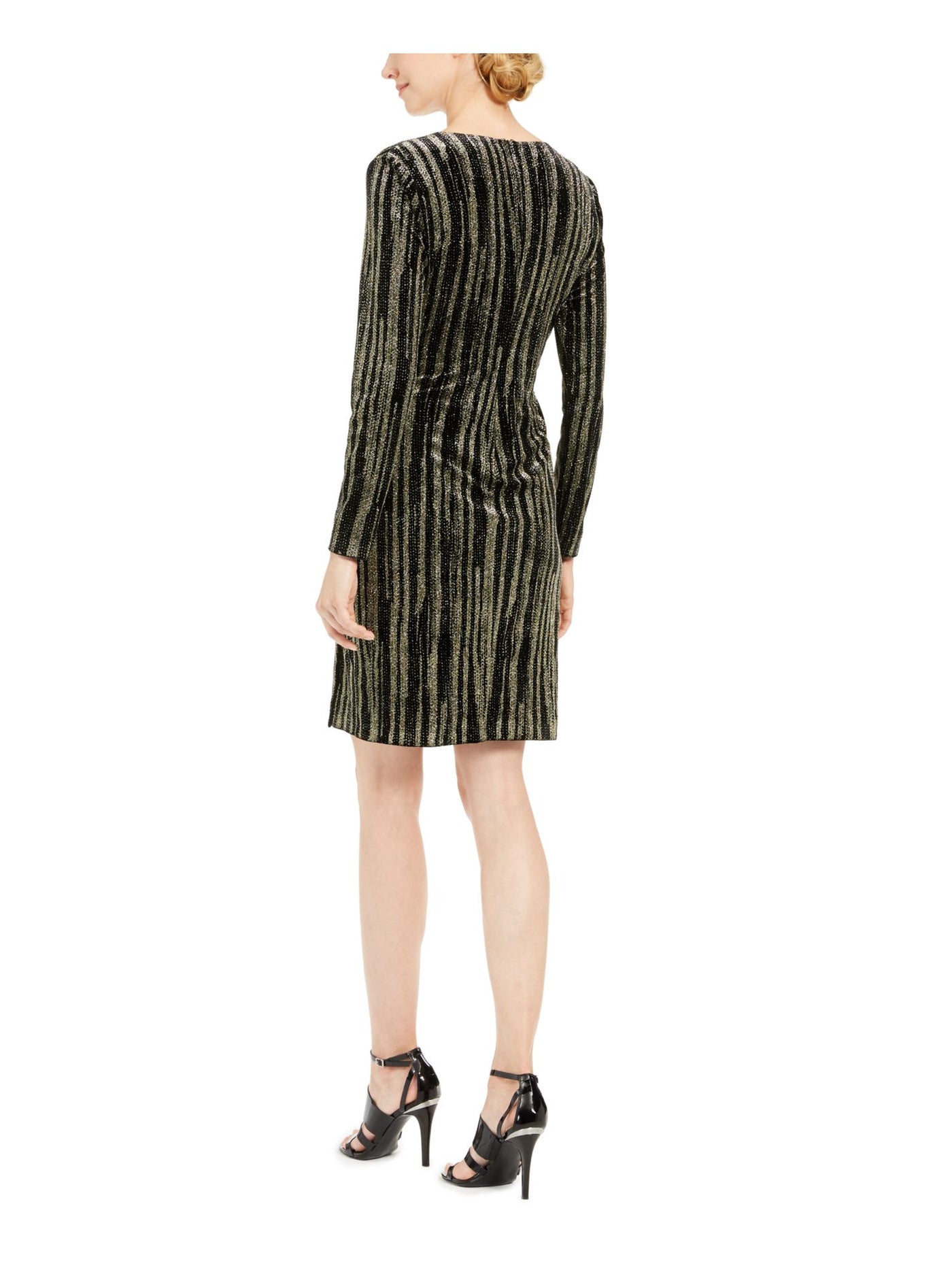 CALVIN KLEIN Womens Black Glitter Striped Long Sleeve V Neck Short Evening Sheath Dress 6