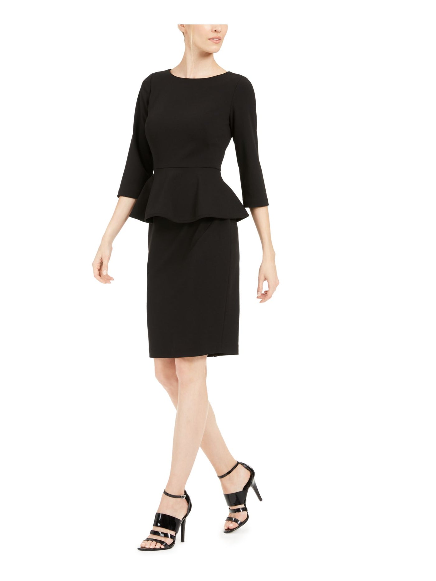 CALVIN KLEIN Womens Black Zippered Ruffled Darted Fitted Sheath 3/4 Sleeve Round Neck Knee Length Party Peplum Dress Petites 8P