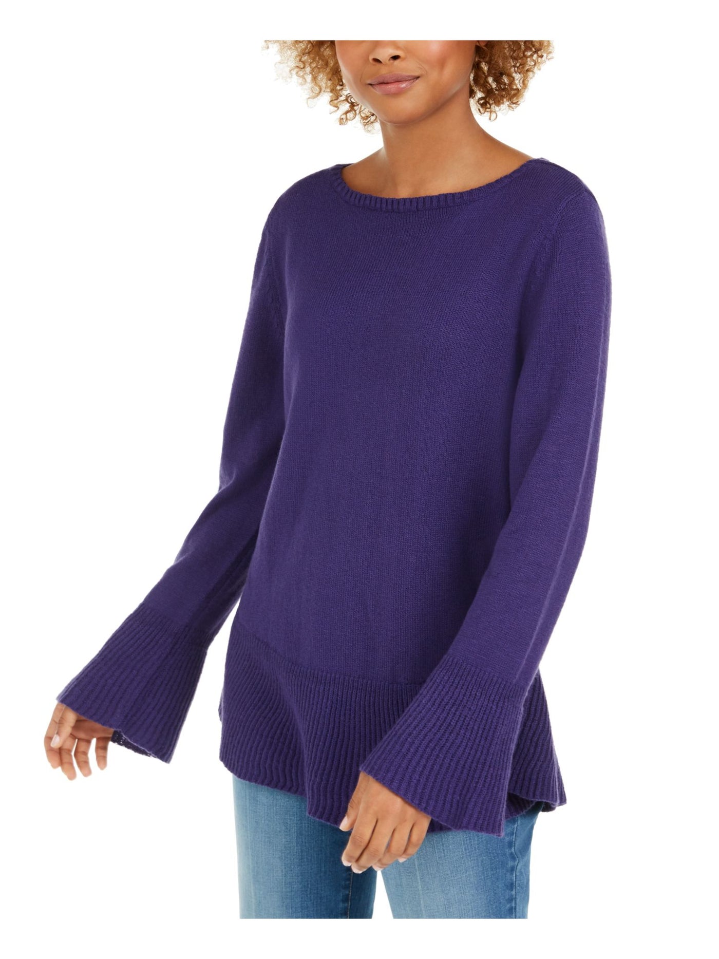 STYLE & COMPANY Womens Purple Bell Sleeve Jewel Neck Sweater Petites Size: PM