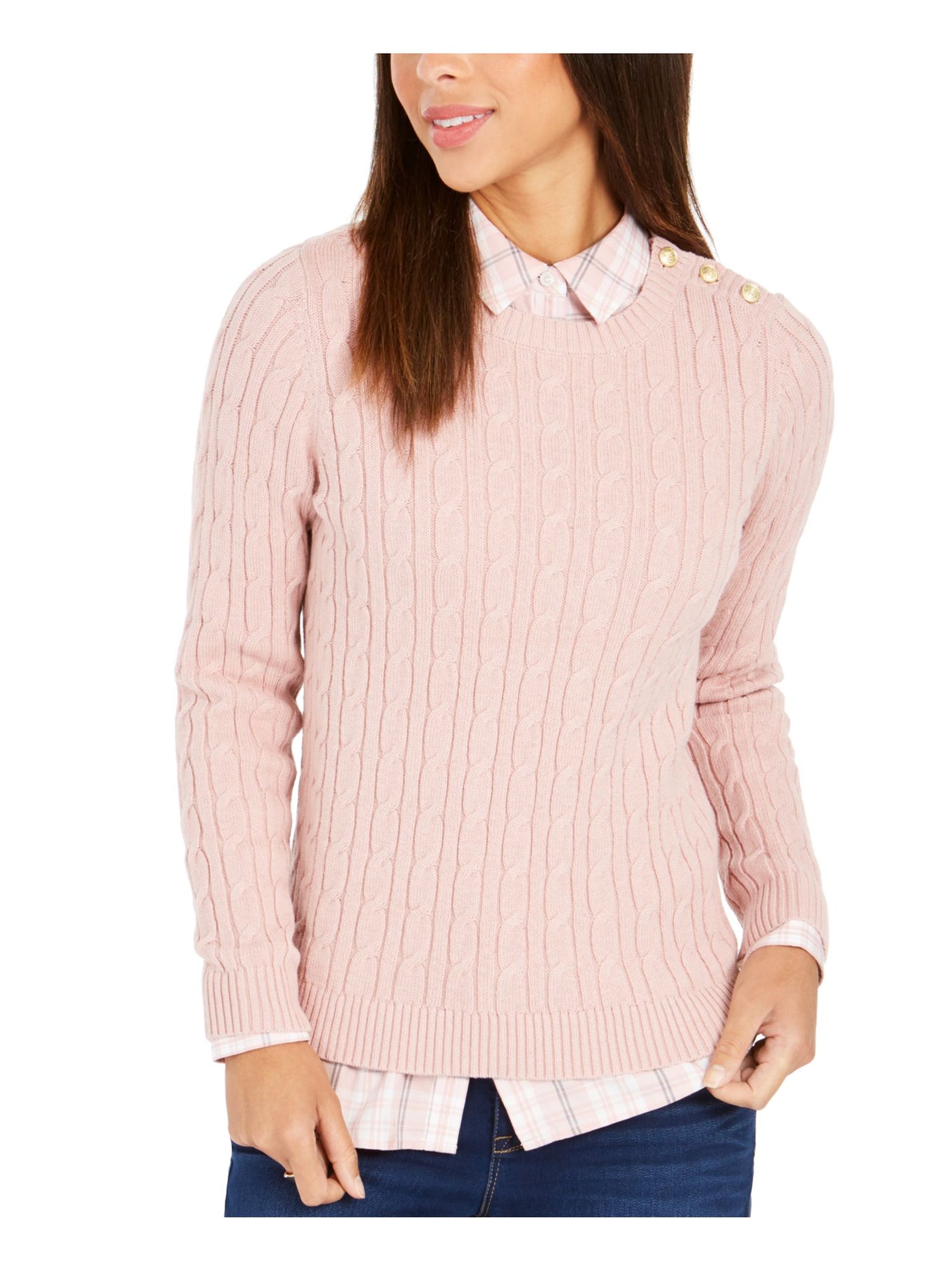 CHARTER CLUB Womens Pink Textured Embellished Patterned Long Sleeve Jewel Neck Sweater XS