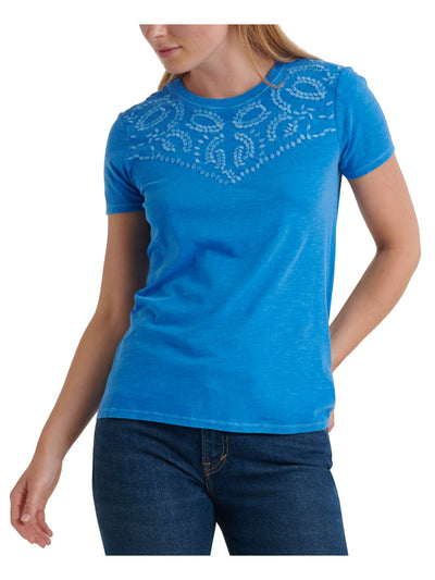 LUCKY BRAND Womens Blue Embroidered Short Sleeve Jewel Neck T-Shirt XS\TP