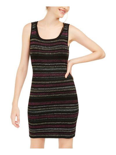 PLANET GOLD Womens Purple Glitter Striped Sleeveless Scoop Neck Short Cocktail Sheath Dress L