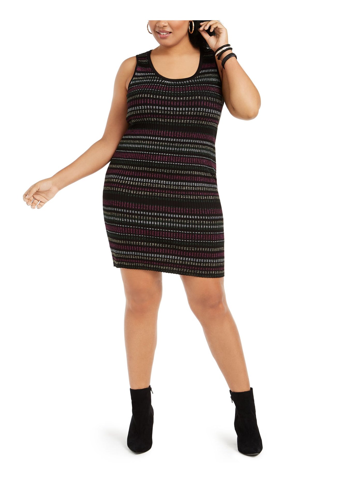 PLANET GOLD Womens Black Glitter Sweater Striped Sleeveless Scoop Neck Short Party Body Con Dress Plus 1X