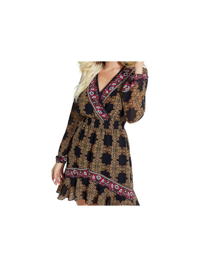 GUESS Womens Black Printed Long Sleeve Surplice Neckline Short Fit + Flare Dress XS