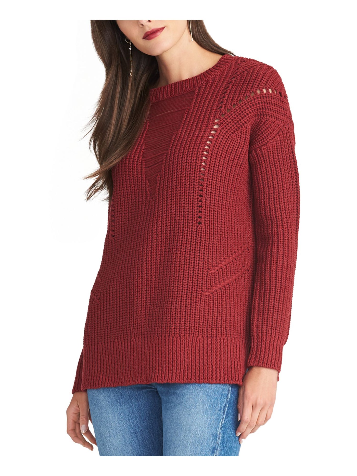 RACHEL RACHEL ROY Womens Red Frayed Long Sleeve Jewel Neck T-Shirt L