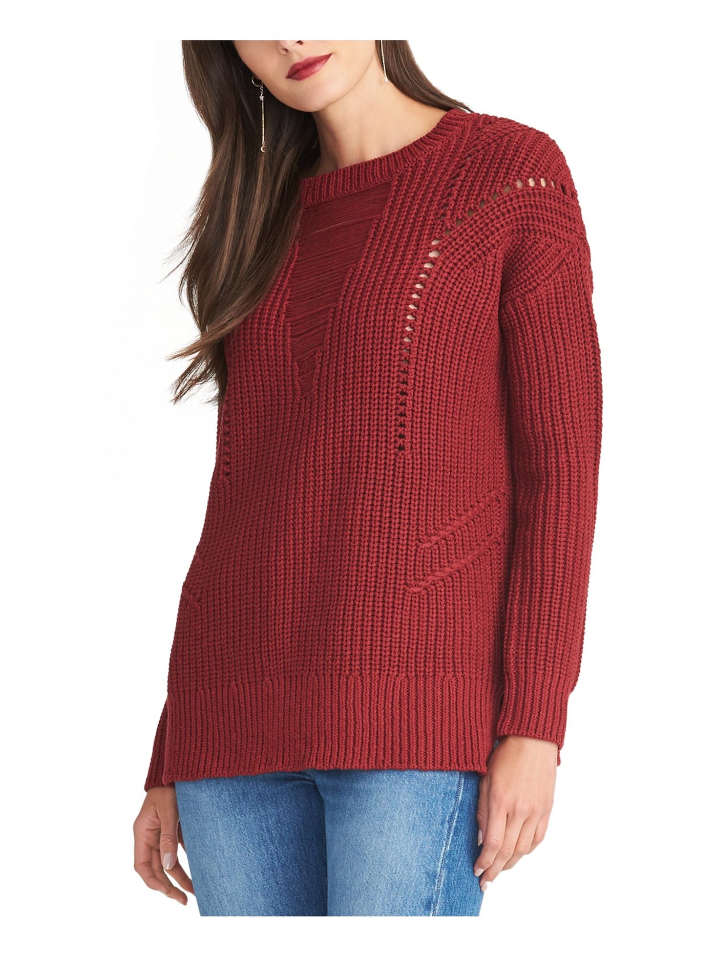 RACHEL RACHEL ROY Womens Maroon Frayed Long Sleeve Jewel Neck T-Shirt XS