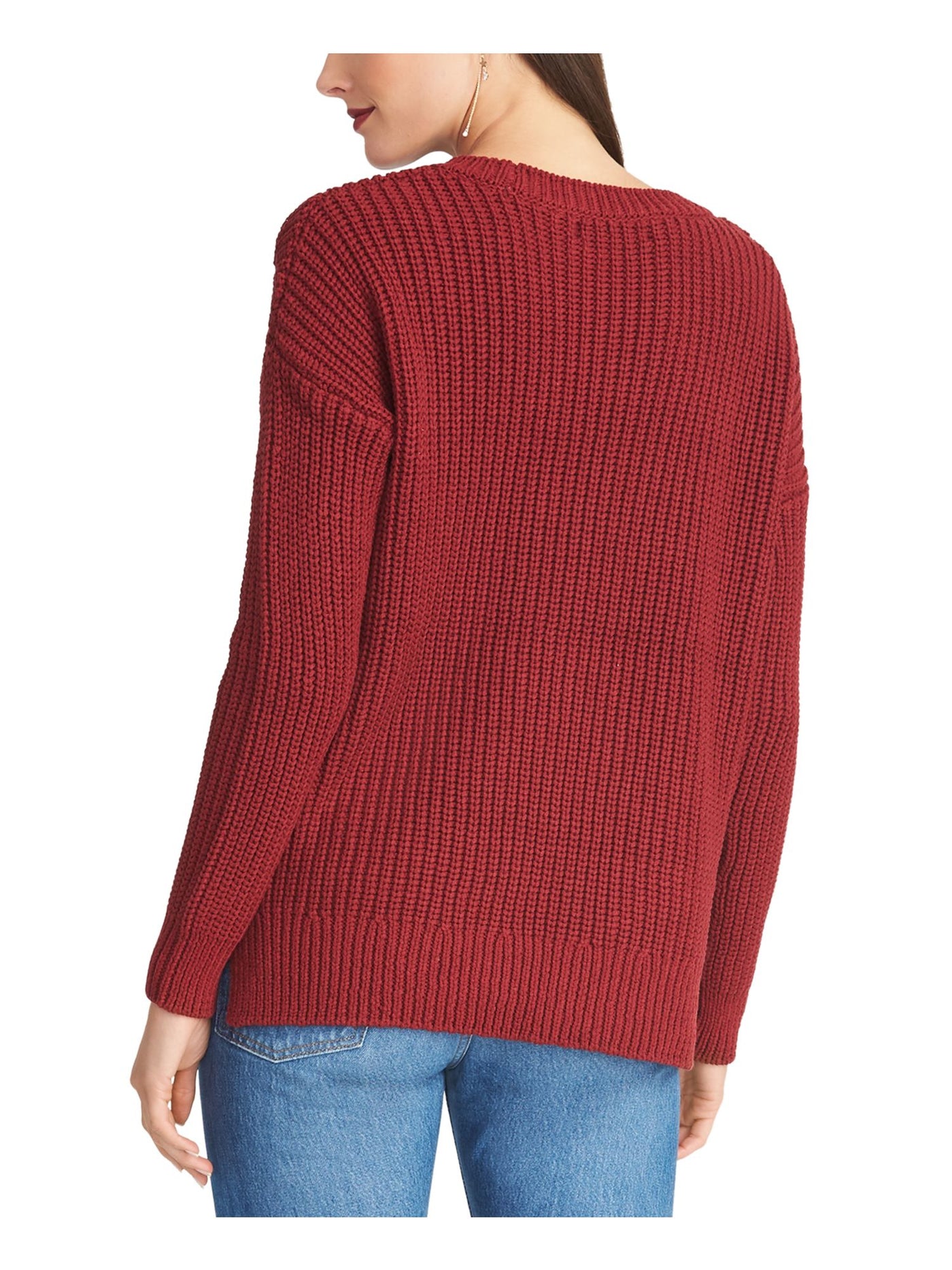 RACHEL ROY Womens Maroon Frayed Long Sleeve Jewel Neck T-Shirt XS