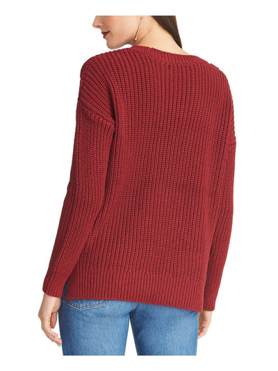 RACHEL ROY Womens Maroon Frayed Long Sleeve Jewel Neck T-Shirt XS