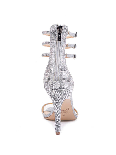 JEWEL BADGLEY MISCHKA Womens Silver Rhinestone Buckle Accent Ankle Strap Regina Square Toe Stiletto Zip-Up Dress Sandals Shoes 7 M