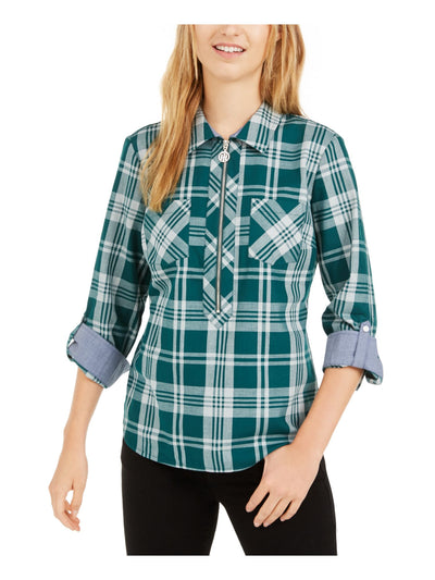 TOMMY HILFIGER Womens Green Zippered Pocketed Curved Hem Plaid Roll-tab Sleeve Collared Top XS