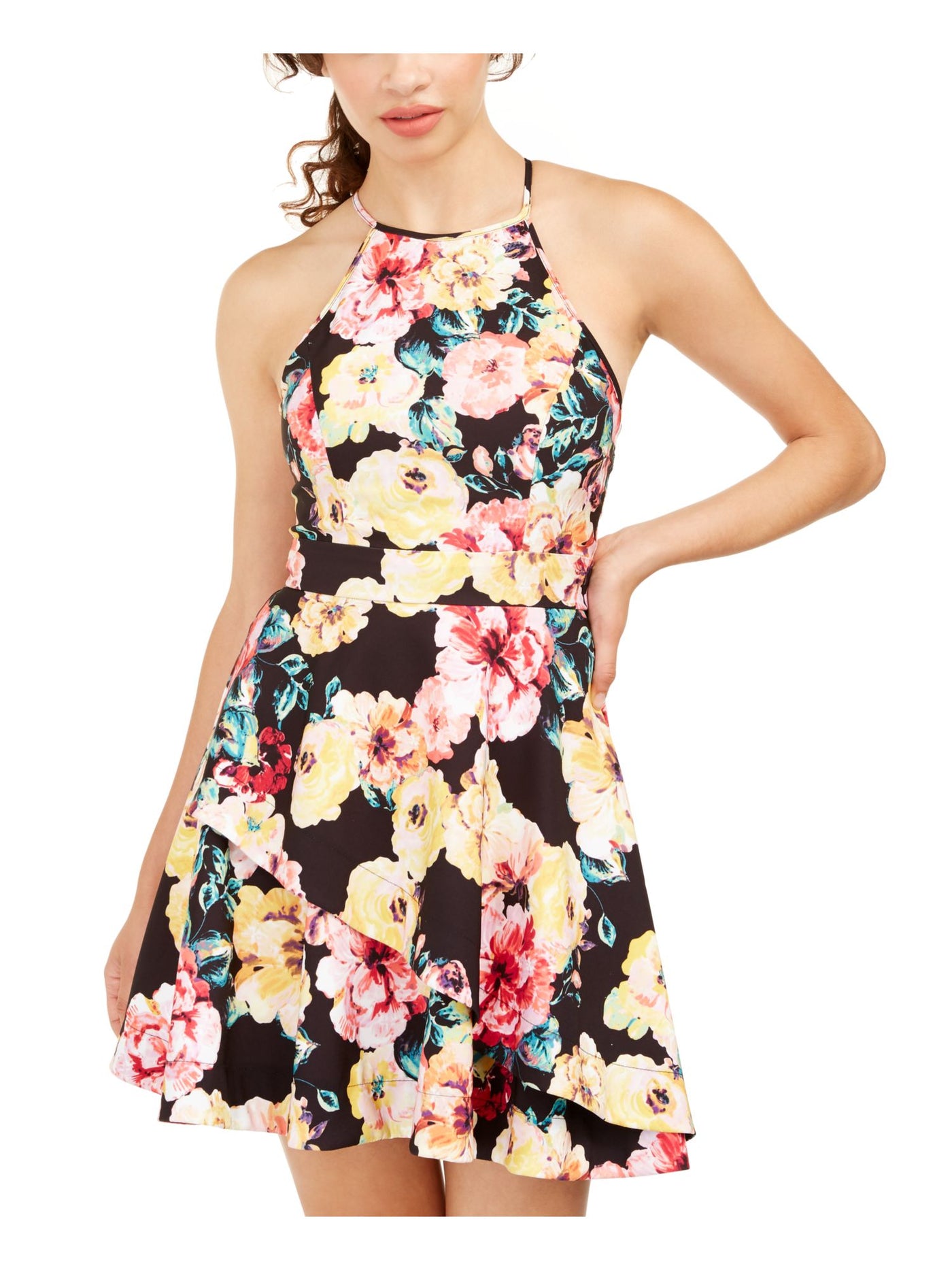 SPEECHLESS Womens Yellow Floral Sleeveless Halter Short Fit + Flare Dress 3