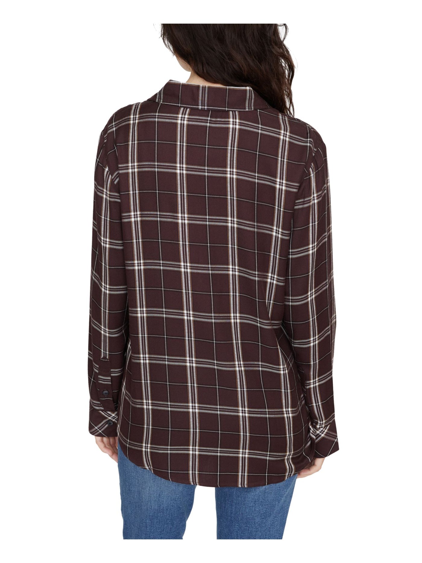 SANCTUARY Womens Burgundy Plaid Long Sleeve Collared Button Up Top XS