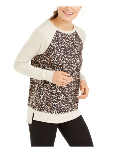 IDEOLOGY Womens Beige Animal Print Long Sleeve Crew Neck Blouse XS