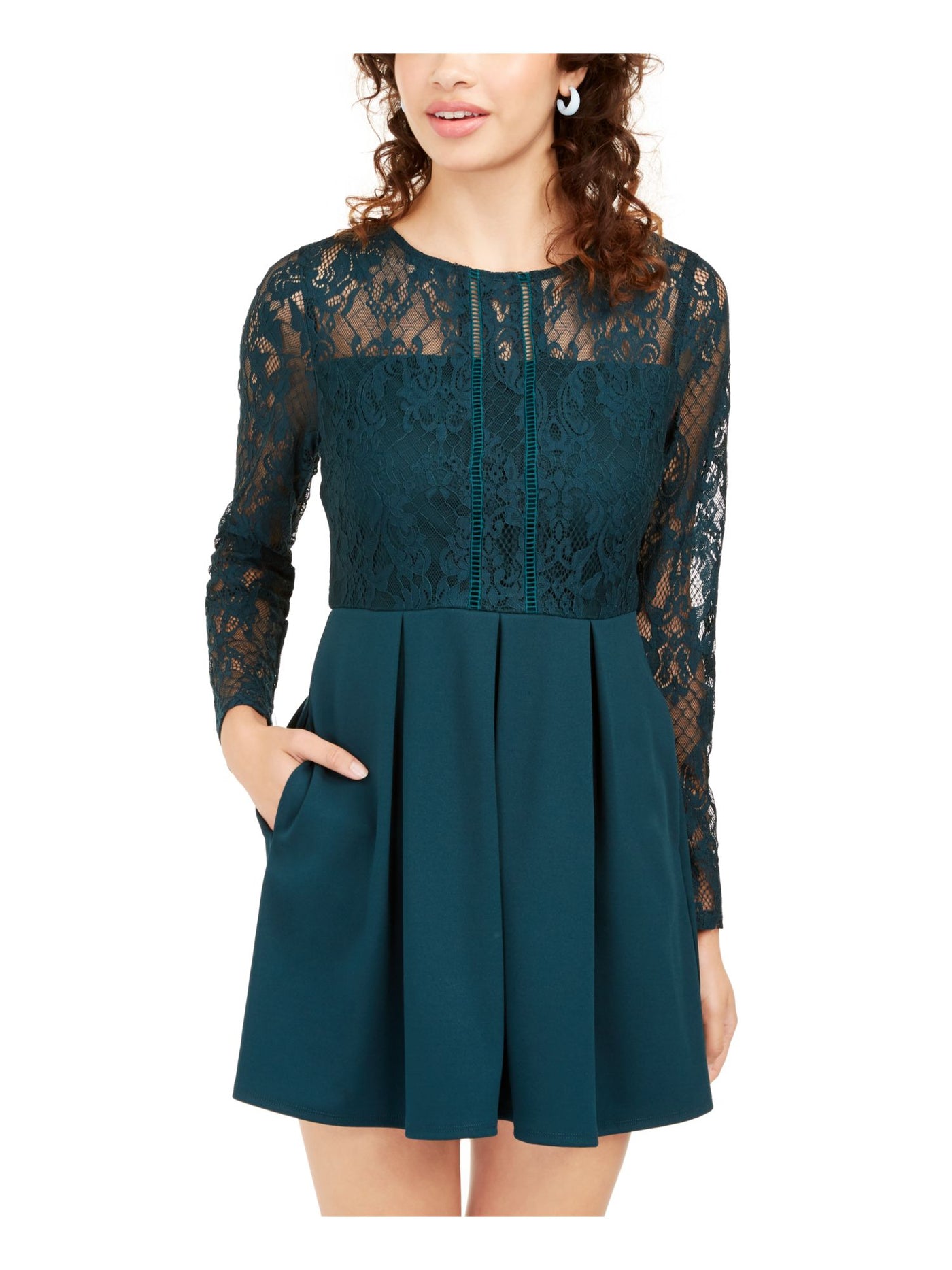 SPEECHLESS Womens Green Lace Zippered Long Sleeve Jewel Neck Mini Party Fit + Flare Dress S