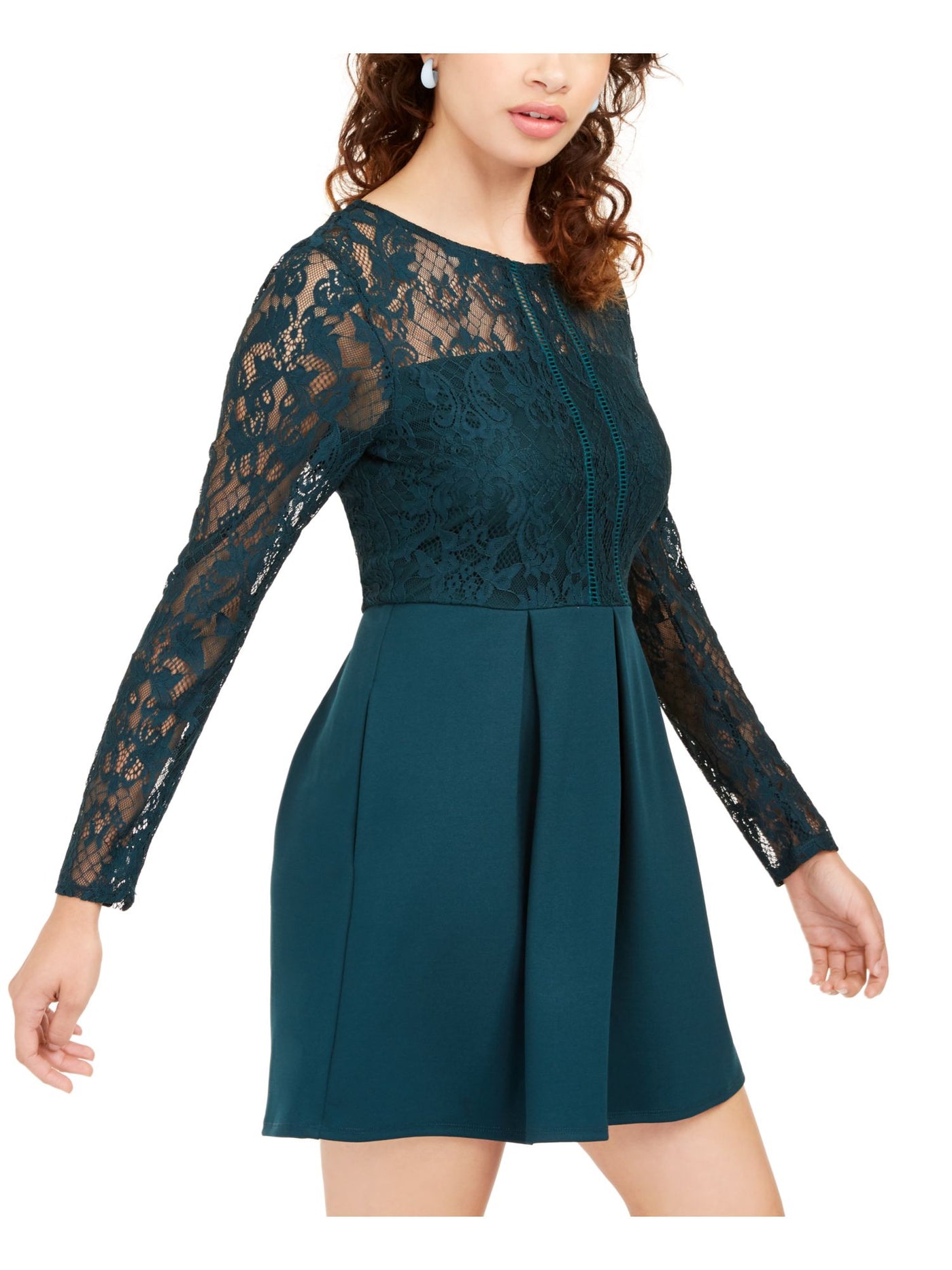 SPEECHLESS Womens Green Lace Zippered Long Sleeve Jewel Neck Mini Party Fit + Flare Dress M