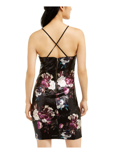 BCX DRESS Womens Black Sequined Spaghetti Strap V Neck Short Party Sheath Dress L