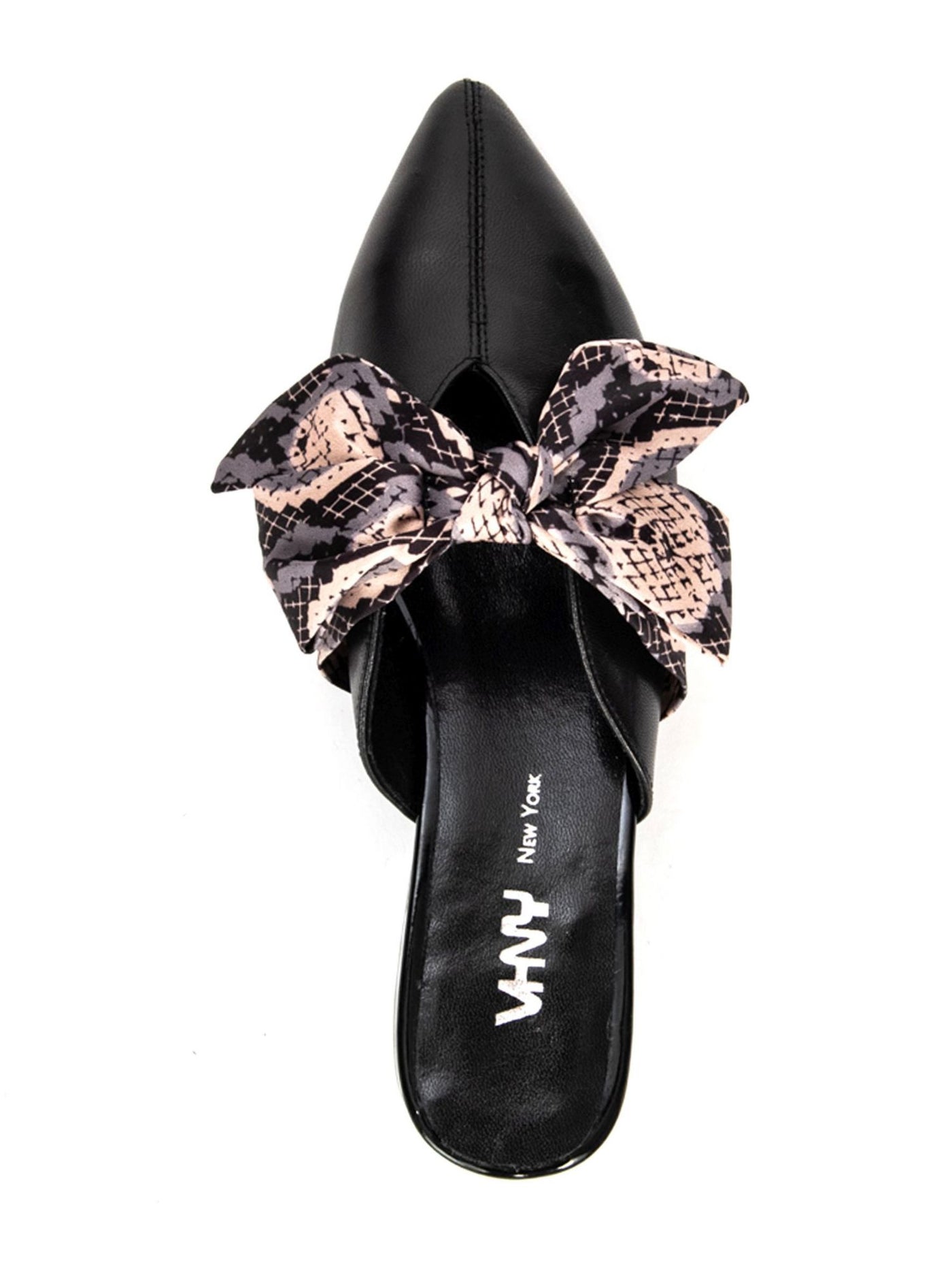 VHNY Womens Black Satin Snake Print Bow Strap Designer Heel Victoria Pointed Toe Slip On Dress Heeled Mules Shoes 8