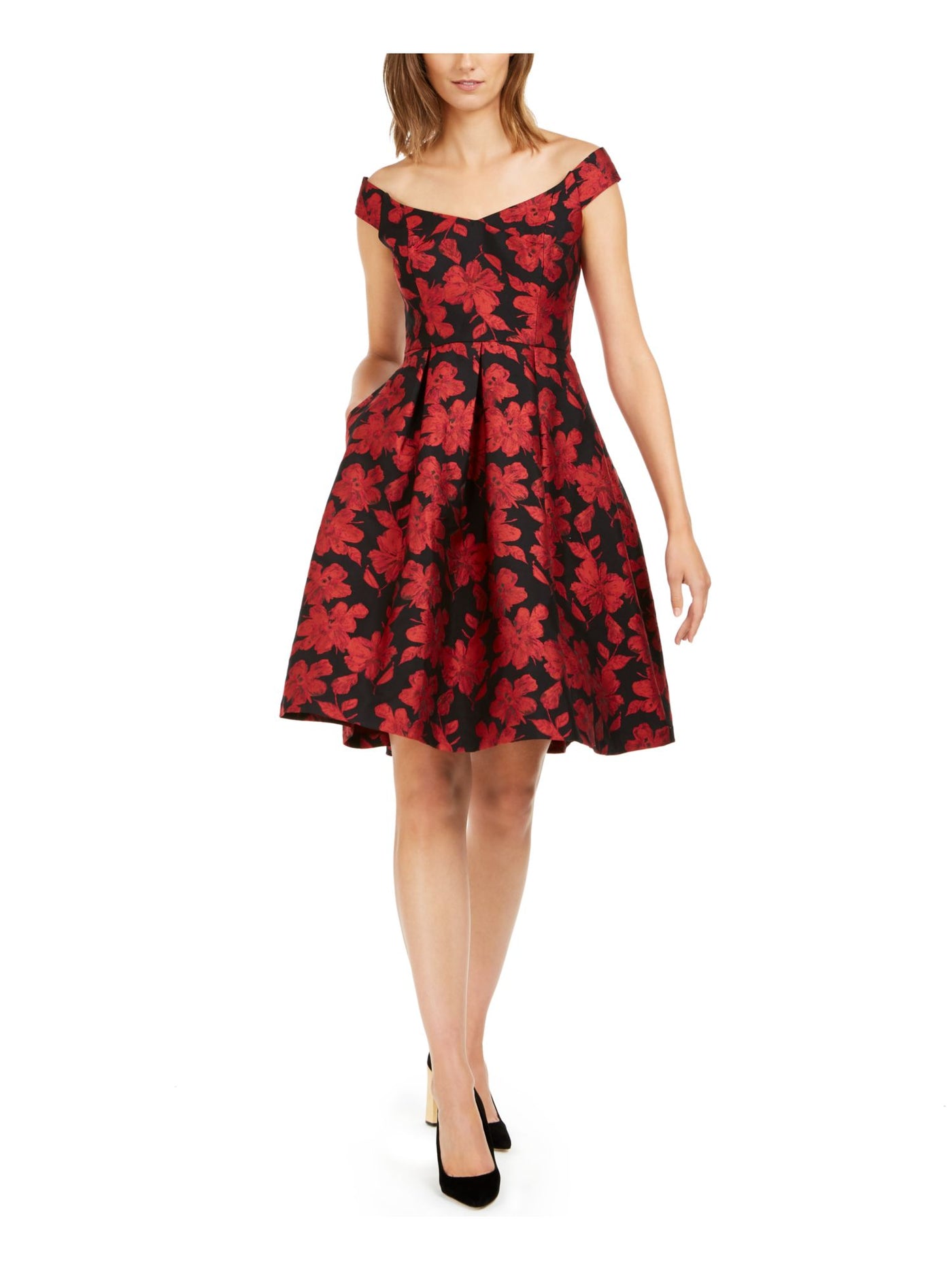 CALVIN KLEIN Womens Red Embellished Floral Short Sleeve Off Shoulder Below The Knee Evening Sheath Dress 4