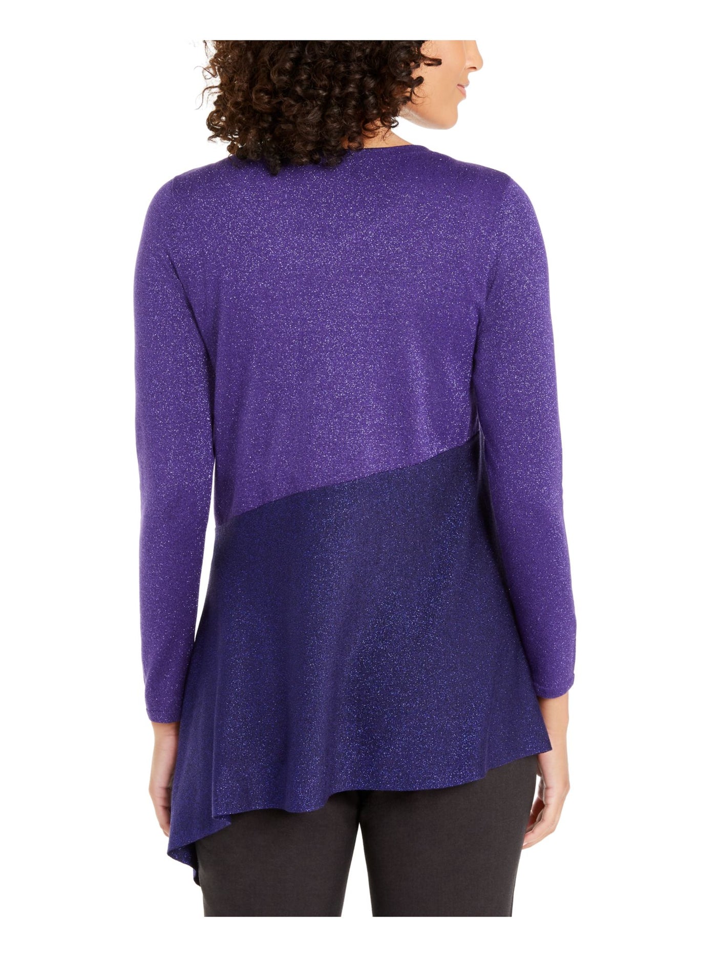 ALFANI Womens Purple Glitter Color Block Long Sleeve Jewel Neck Top S