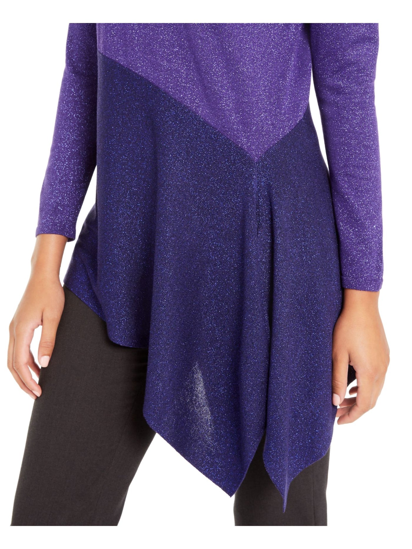 ALFANI Womens Purple Glitter Color Block Long Sleeve Jewel Neck Top S