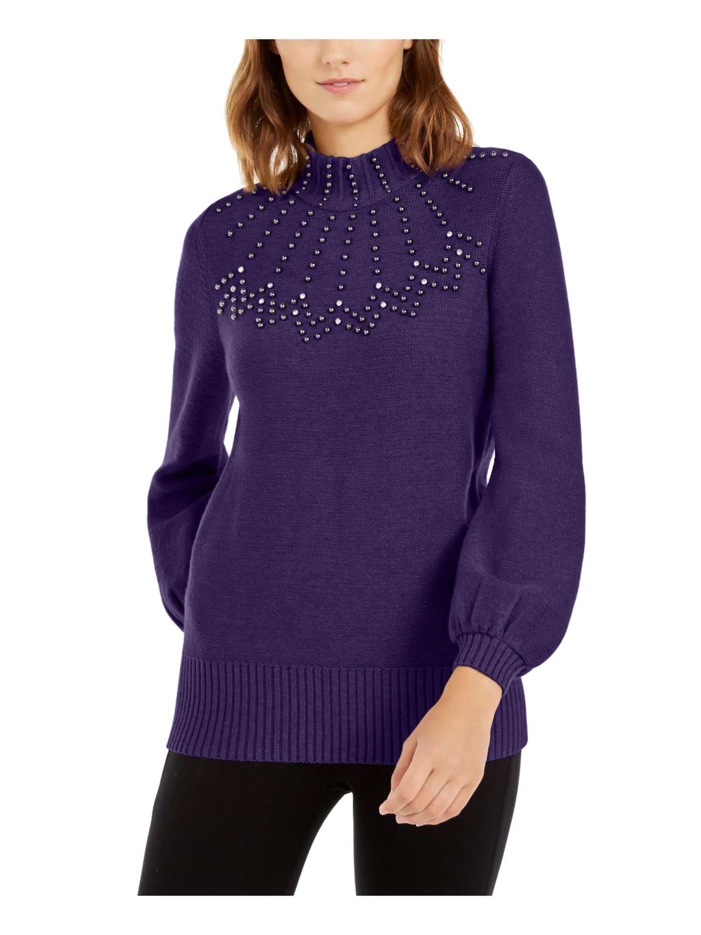 ALFANI Womens Purple Beaded Long Sleeve Mock Neck Sweater L