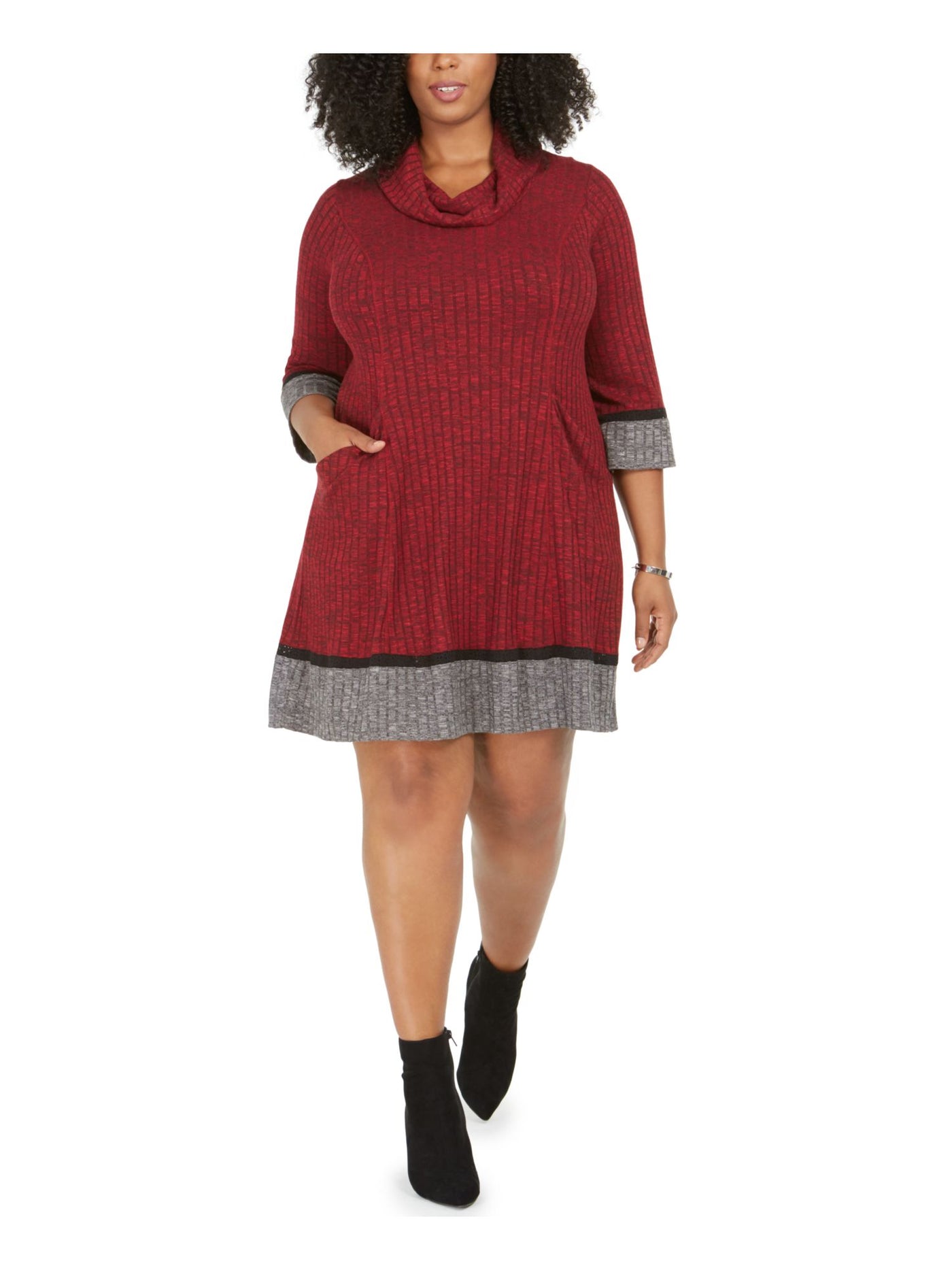 ROBBIE BEE Womens Red Knit Ribbed Pocketed Crochet Insets Unlined Heather 3/4 Sleeve Cowl Neck Above The Knee Sweater Dress Plus 3X