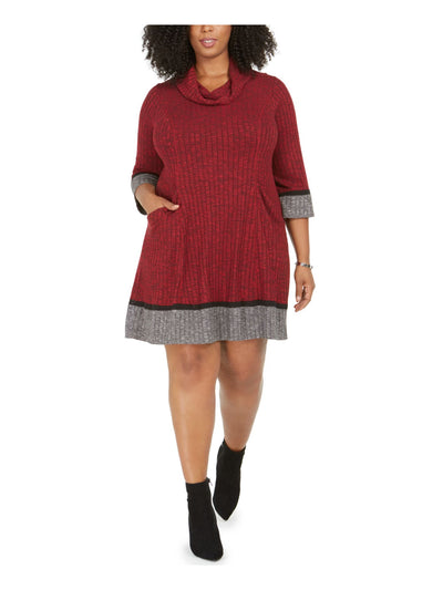 SIGNATURE BY ROBBIE BEE Womens Knit Pocketed Crochet Insets Unlined 3/4 Sleeve Cowl Neck Above The Knee Shift Dress