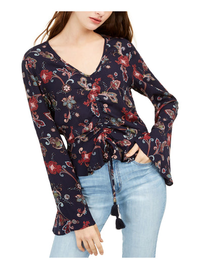 GYPSIES & MOONDUST Womens Navy Ruched Tasseled Ties Floral Bell Sleeve V Neck Top M