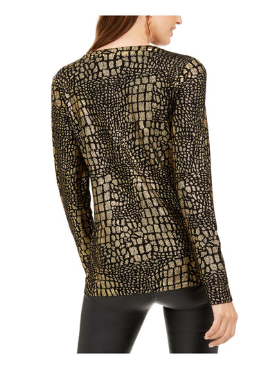 INC Womens Gold Printed Long Sleeve Crew Neck Evening Top XS