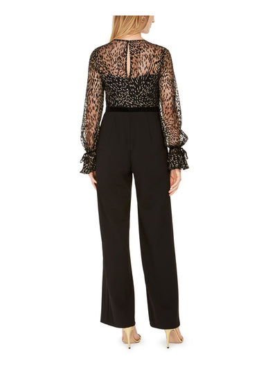 ADRIANNA PAPELL Womens Black Glitter Speckle Long Sleeve Jewel Neck Formal Empire Waist Wide Leg Jumpsuit 6