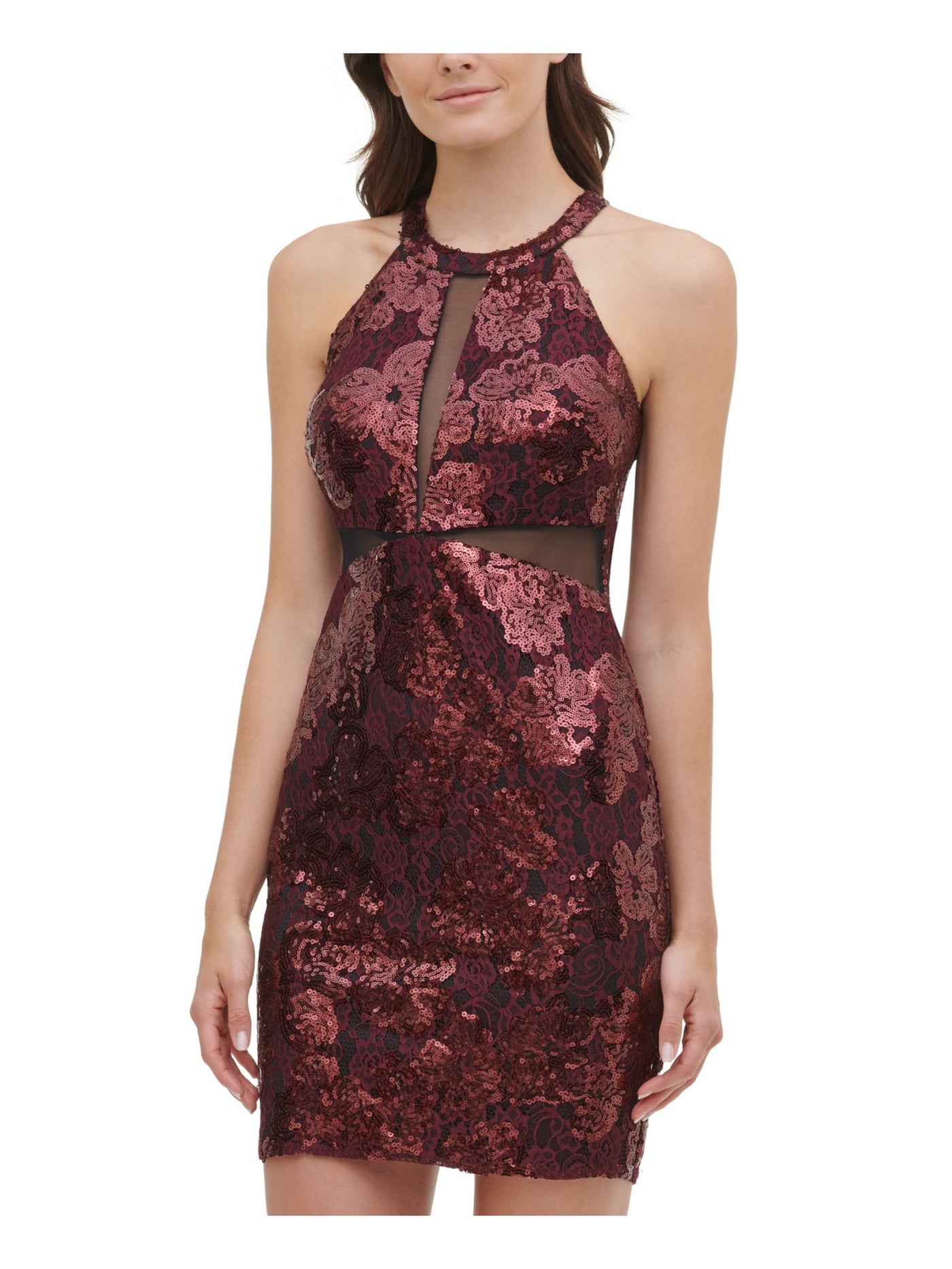 GUESS Womens Burgundy Sequined Zippered Sleeveless Halter Short Party Body Con Dress 4