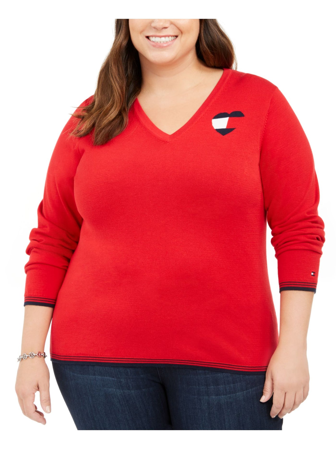 TOMMY HILFIGER Womens Red Printed Long Sleeve V Neck Sweater Plus 1X