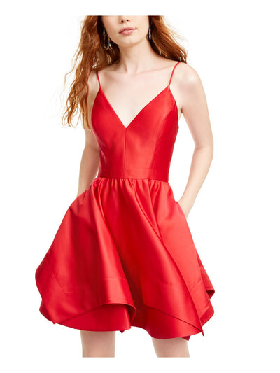 BLONDIE Womens Red Spaghetti Strap V Neck Short Cocktail Fit + Flare Dress 7