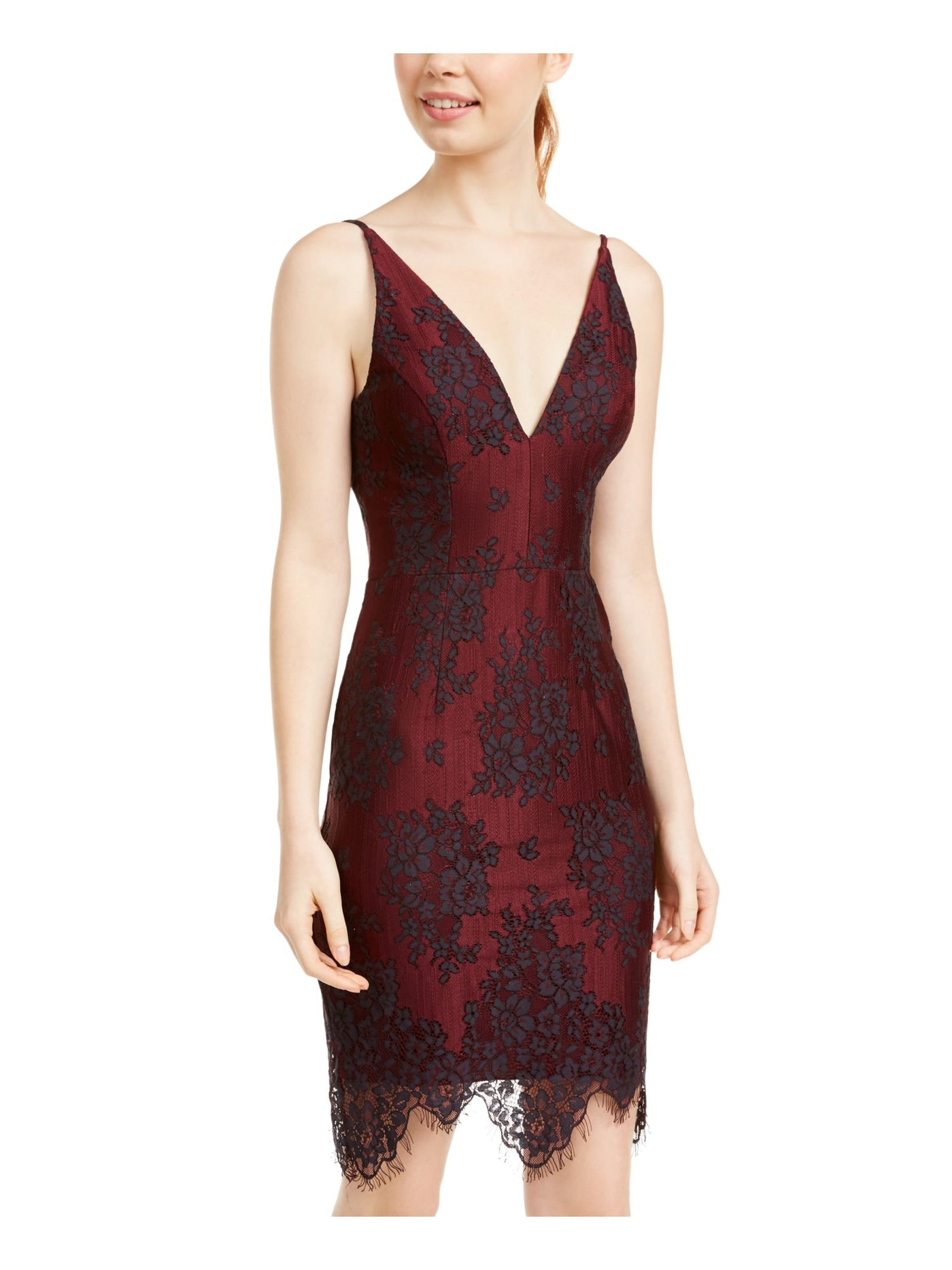 BLONDIE Womens Burgundy Lace Floral Sleeveless V Neck Above The Knee Party Pencil Dress 3