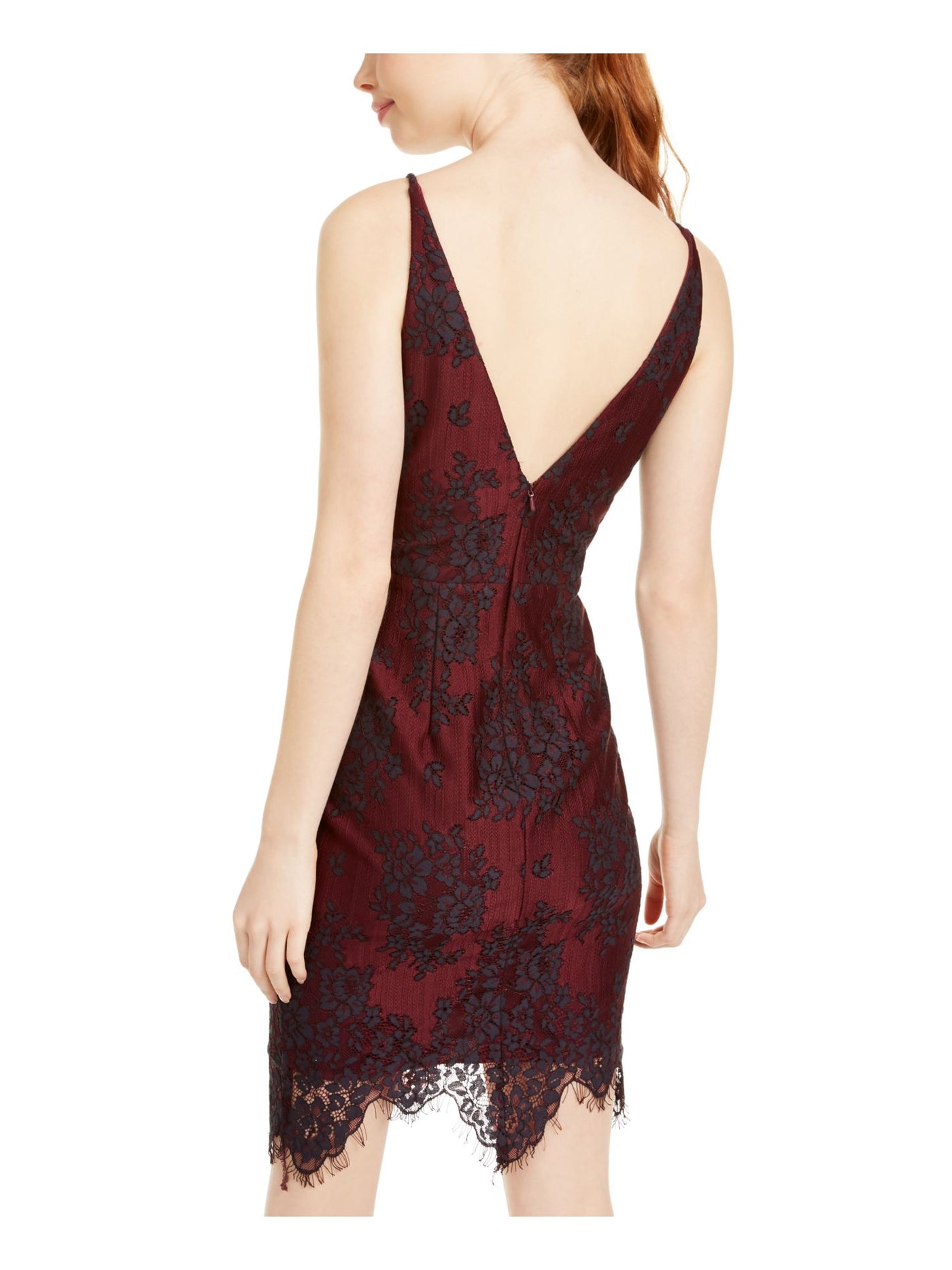 BLONDIE Womens Burgundy Lace Floral Sleeveless V Neck Above The Knee Party Pencil Dress Juniors 3