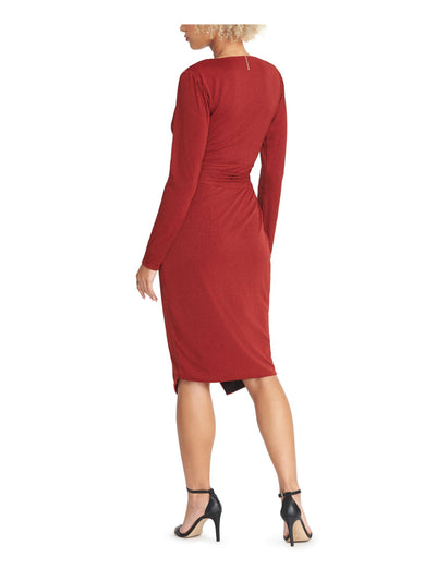 RACHEL RACHEL ROY Womens Red Glitter Belted Long Sleeve V Neck Knee Length Cocktail Faux Wrap Dress XL