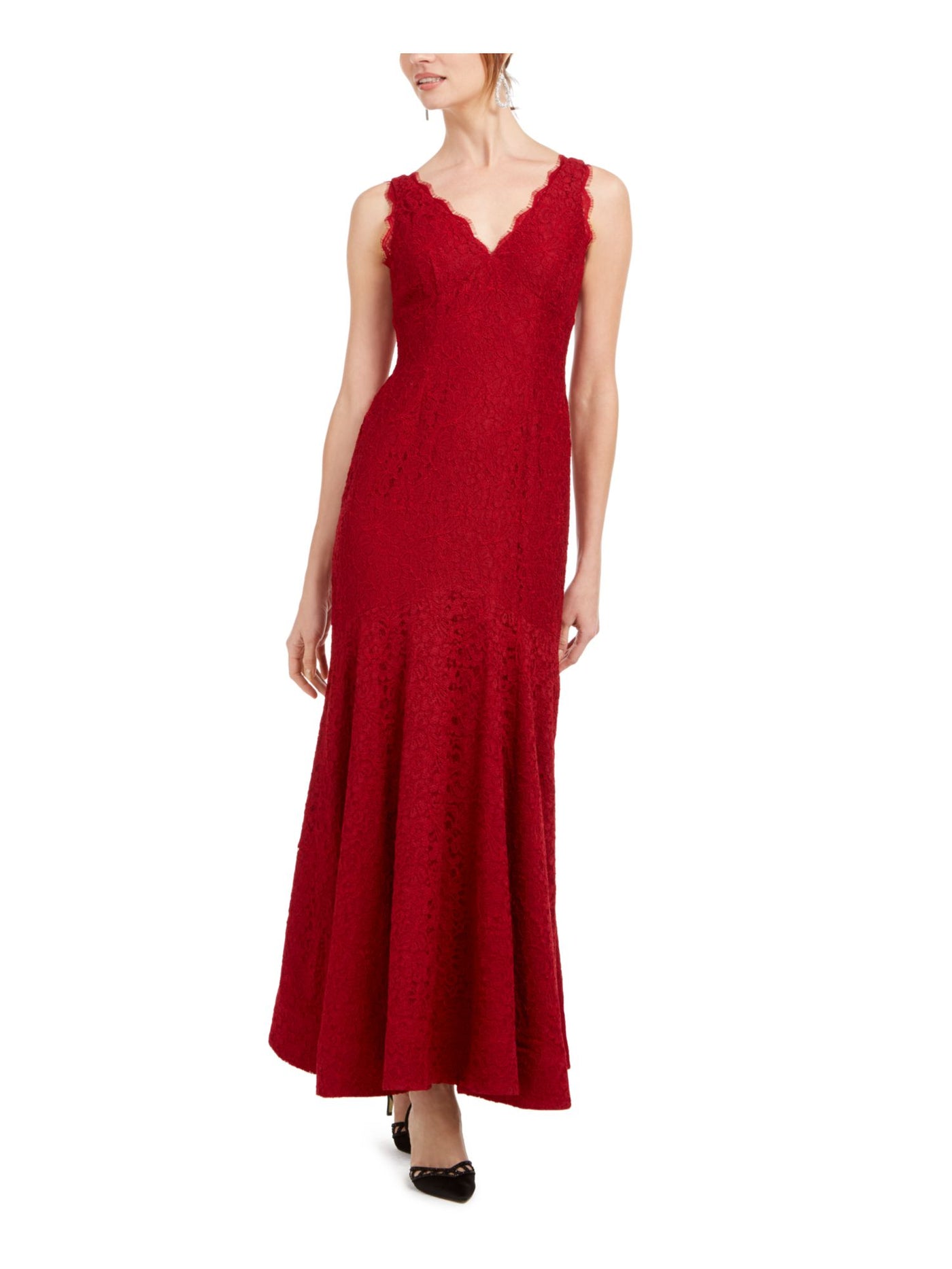 ADRIANNA PAPELL Womens Lace Scalloped Sleeveless V Neck Maxi Evening Dress