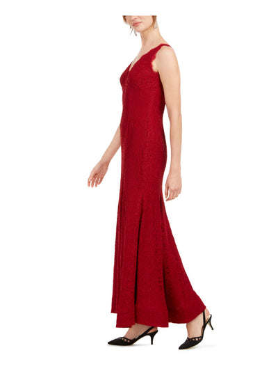 ADRIANNA PAPELL Womens Red Lace Scalloped Sleeveless V Neck Maxi Evening Dress Petites 6P