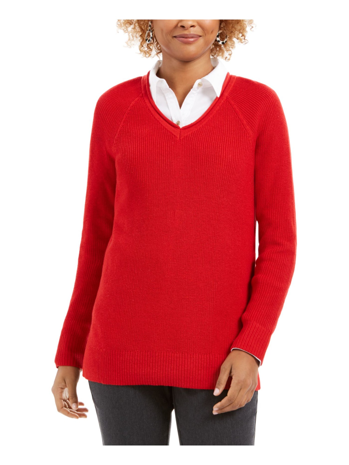 CHARTER CLUB Womens Red Long Sleeve V Neck T-Shirt XS