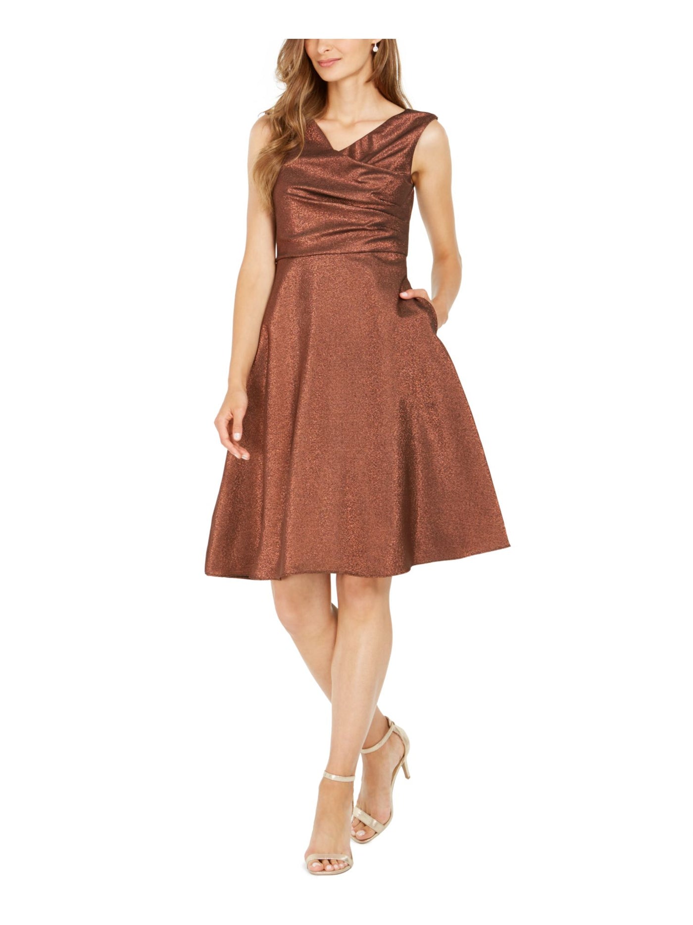 ADRIANNA PAPELL Womens Brown Glitter Sleeveless V Neck Knee Length Party Fit + Flare Dress 16