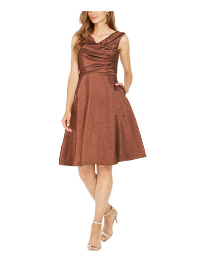 ADRIANNA PAPELL Womens Brown Glitter Sleeveless V Neck Knee Length Party Fit + Flare Dress 16