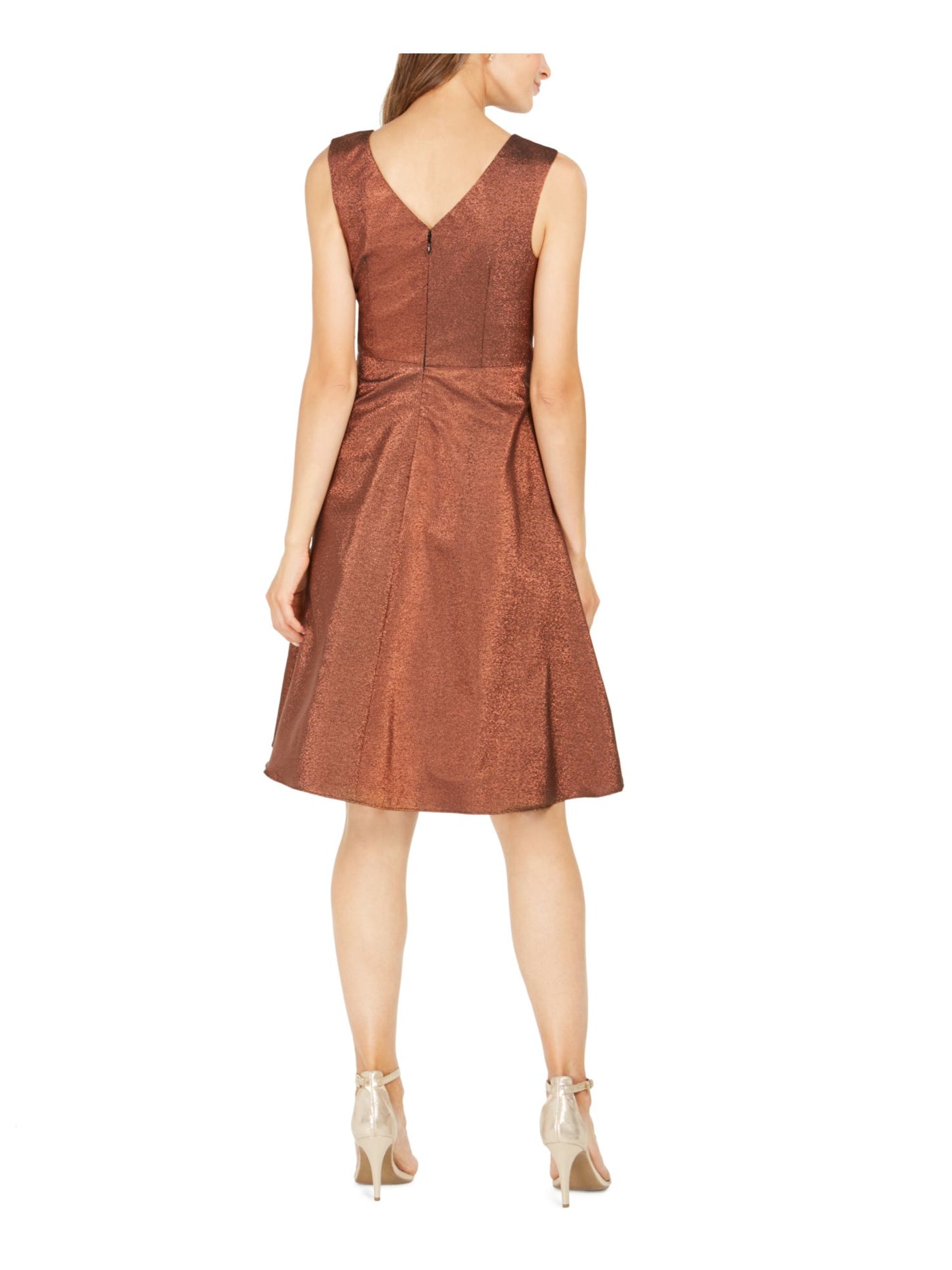 ADRIANNA PAPELL Womens Brown Glitter Sleeveless V Neck Knee Length Party Fit + Flare Dress 16